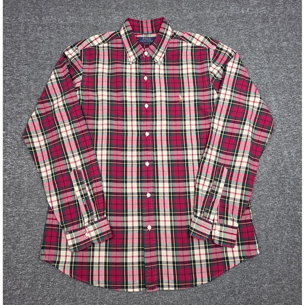 Polo Ralph Lauren Shirt Mens Sz Lrg Red Green Plaid Classic Oxford Flesh Pony
